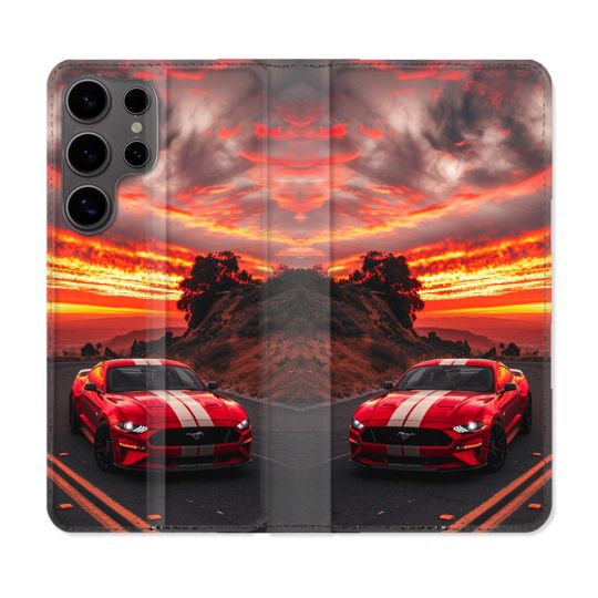Housse Cuir Portefeuille Pour Samsung Galaxy S25 Ford Mustang GT500 Rouge
