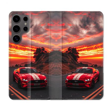 Housse Cuir Portefeuille Pour Samsung Galaxy S25 Ford Mustang GT500 Rouge
