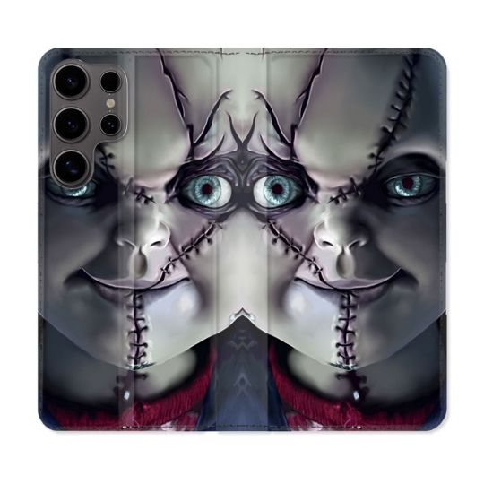 Housse Cuir Portefeuille Pour Samsung Galaxy S25 Horreur Chucky Cicatrice