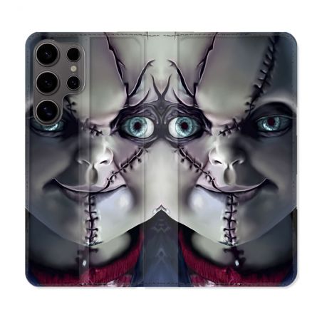 Housse Cuir Portefeuille Pour Samsung Galaxy S25 Horreur Chucky Cicatrice