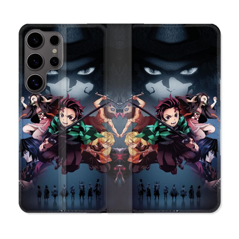 Housse Cuir Portefeuille Pour Samsung Galaxy S25 Manga Demon Slayer Noir