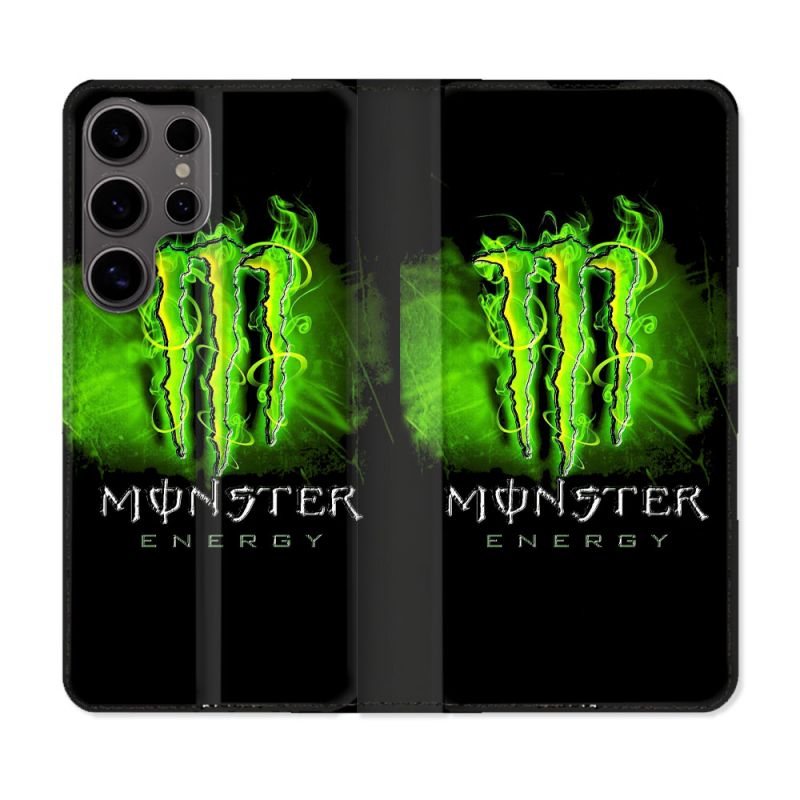 Housse Cuir Portefeuille Pour Samsung Galaxy S25 Monster Energy Vert