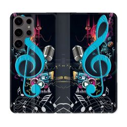 Housse Cuir Portefeuille Pour Samsung Galaxy S25 Musique Cle Sol Bleu
