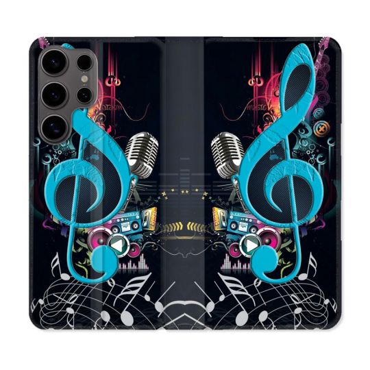 Housse Cuir Portefeuille Pour Samsung Galaxy S25 Musique Cle Sol Bleu