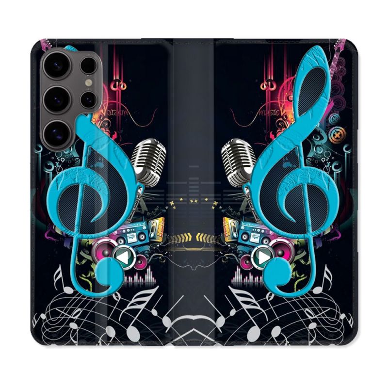 Housse Cuir Portefeuille Pour Samsung Galaxy S25 Musique Cle Sol Bleu