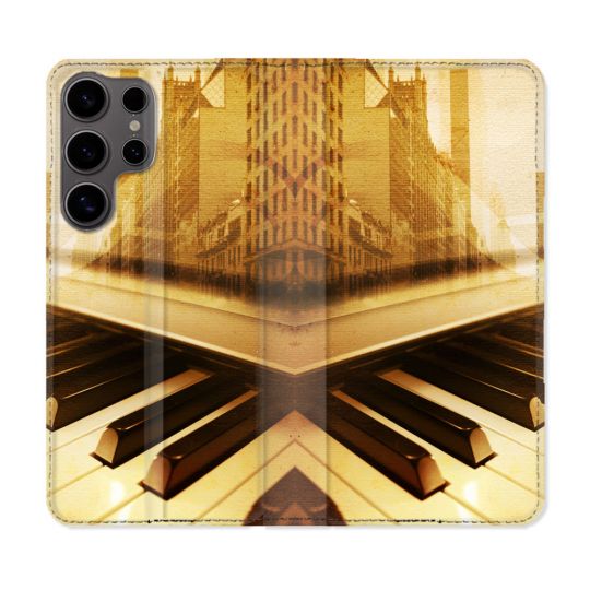 Housse Cuir Portefeuille Pour Samsung Galaxy S25 Musique Piano Retro