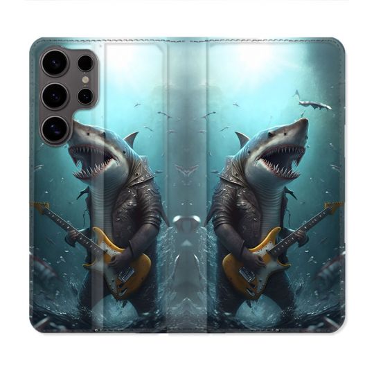 Housse Cuir Portefeuille Pour Samsung Galaxy S25 Musique Rock Requin