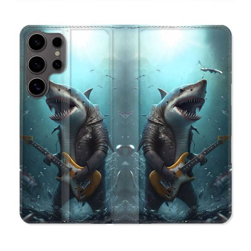 Housse Cuir Portefeuille Pour Samsung Galaxy S25 Musique Rock Requin