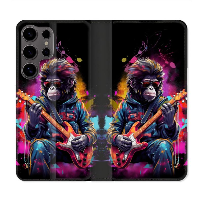 Housse Cuir Portefeuille Pour Samsung Galaxy S25 Musique Rock Singe