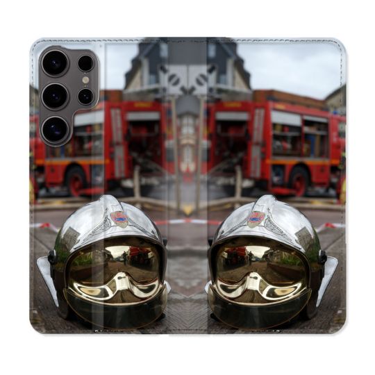 Housse Cuir Portefeuille Pour Samsung Galaxy S25 Pompier Casque Camion