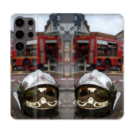 Housse Cuir Portefeuille Pour Samsung Galaxy S25 Pompier Casque Camion