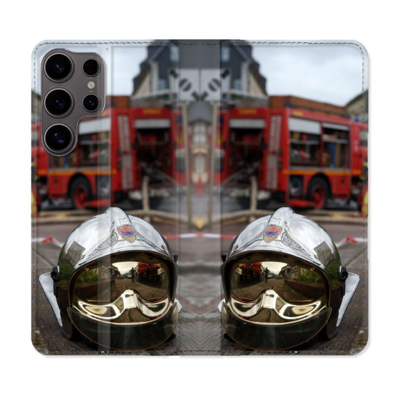 Housse Cuir Portefeuille Pour Samsung Galaxy S25 Pompier Casque Camion