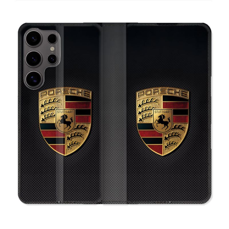 Housse Cuir Portefeuille Pour Samsung Galaxy S25 Porsche Carbone