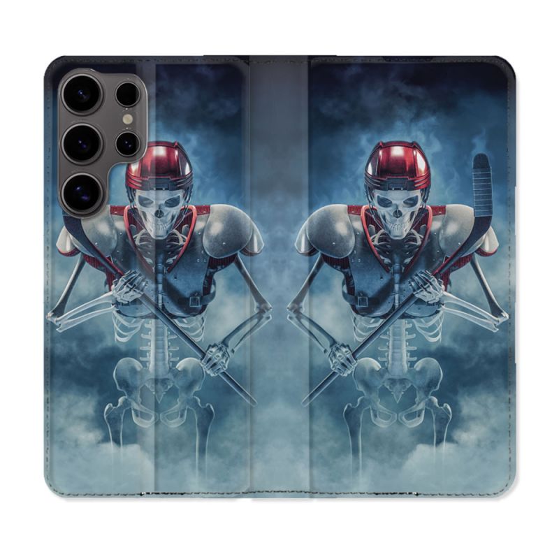 Housse Cuir Portefeuille Pour Samsung Galaxy S25 Sport Hockey Squelette