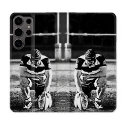 Housse Cuir Portefeuille Pour Samsung Galaxy S25 Sport Rugby Noir Blanc