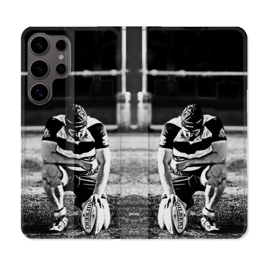 Housse Cuir Portefeuille Pour Samsung Galaxy S25 Sport Rugby Noir Blanc