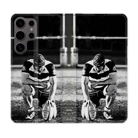Housse Cuir Portefeuille Pour Samsung Galaxy S25 Sport Rugby Noir Blanc