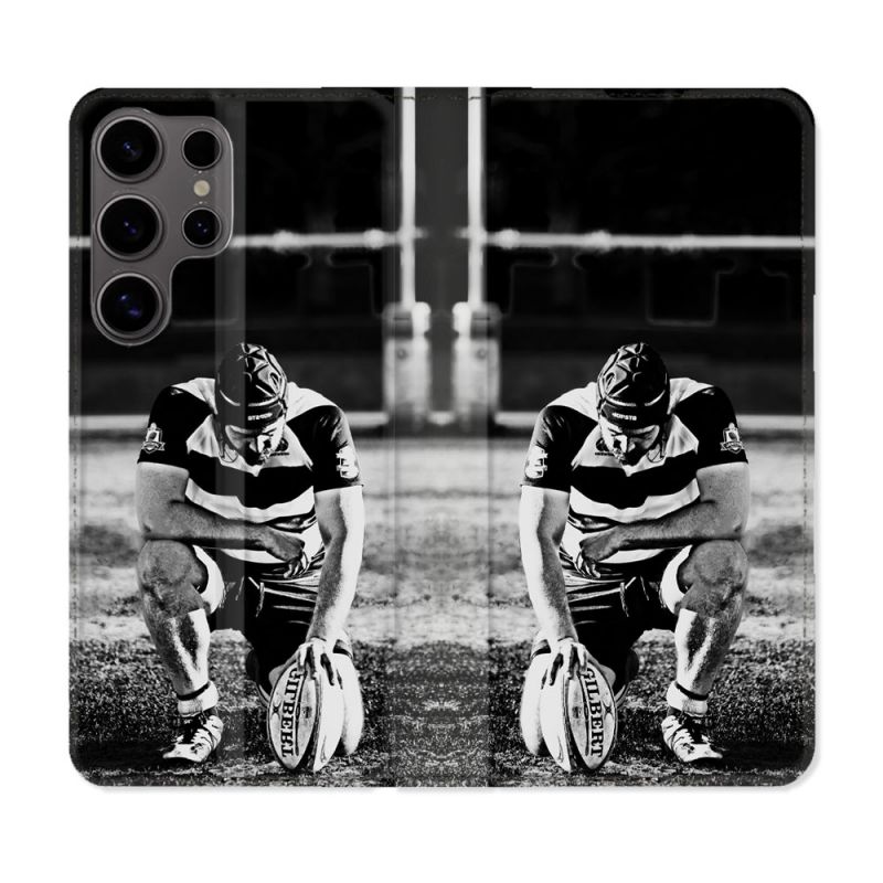 Housse Cuir Portefeuille Pour Samsung Galaxy S25 Sport Rugby Noir Blanc