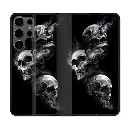 Housse Cuir Portefeuille Pour Samsung Galaxy S25 Tete de Mort Triple