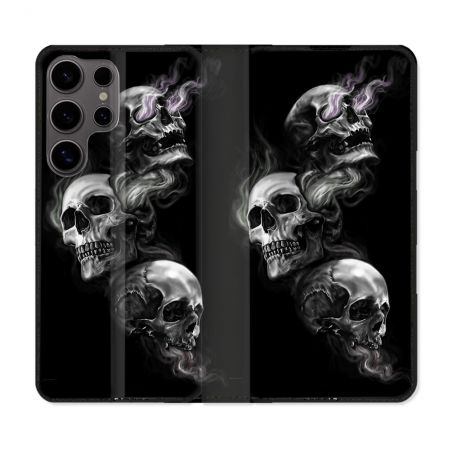 Housse Cuir Portefeuille Pour Samsung Galaxy S25 Tete de Mort Triple
