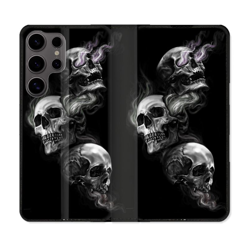 Housse Cuir Portefeuille Pour Samsung Galaxy S25 Tete de Mort Triple