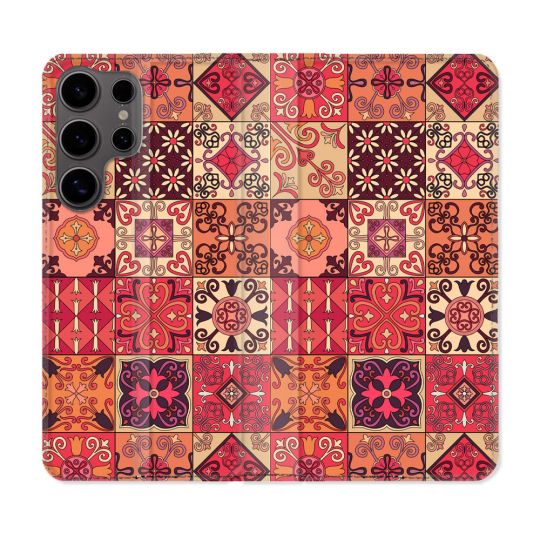 Housse Cuir Portefeuille Pour Samsung Galaxy S25 Texture Carreau Ciment Rouge