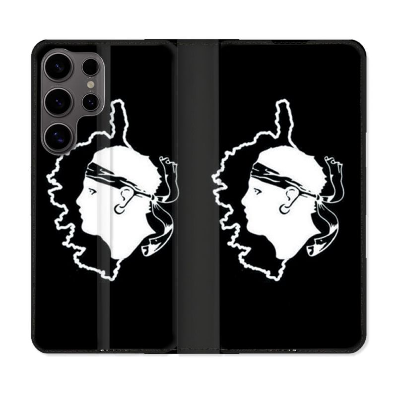 Housse Cuir Portefeuille Pour Samsung Galaxy S25 Voyage Corse Noir