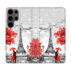 Housse Cuir Portefeuille Pour Samsung Galaxy S25 Voyage France Paris Rouge