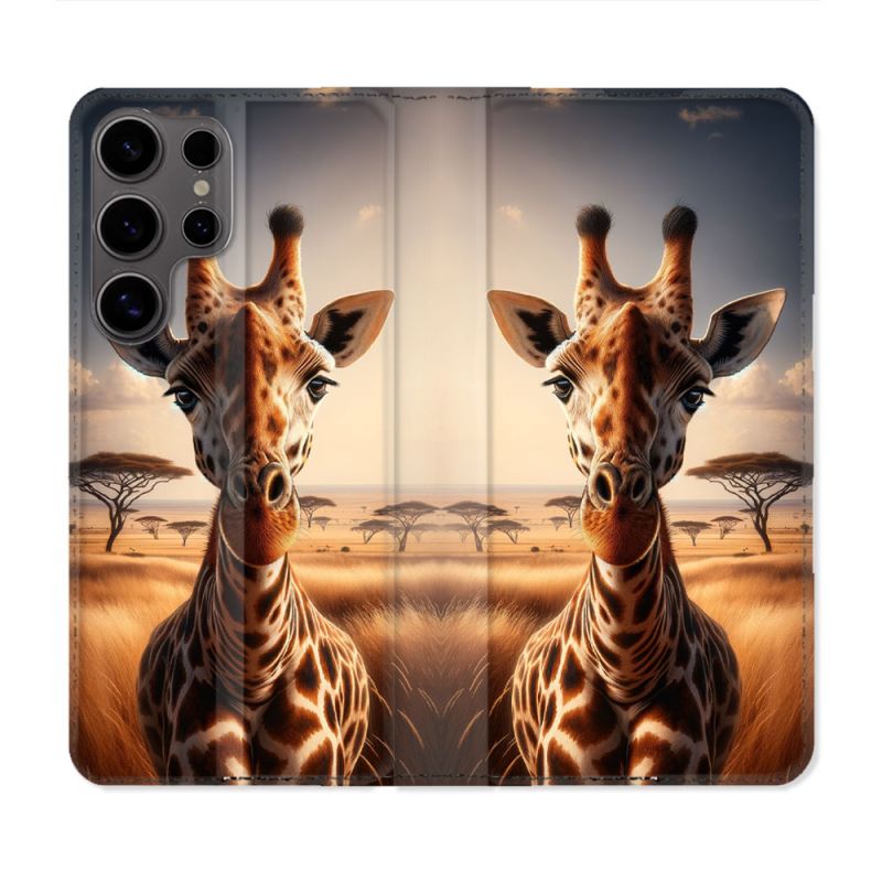 Housse Cuir Portefeuille Pour Samsung Galaxy S25 PLUS Animal Girafe Savane