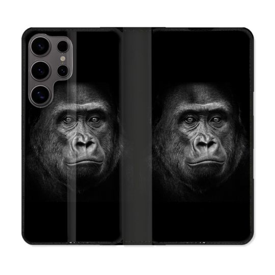 Housse Cuir Portefeuille Pour Samsung Galaxy S25 PLUS Animal Gorille Noir