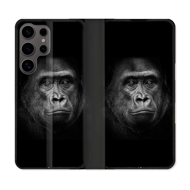Housse Cuir Portefeuille Pour Samsung Galaxy S25 PLUS Animal Gorille Noir