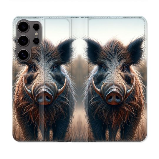 Housse Cuir Portefeuille Pour Samsung Galaxy S25 PLUS Chasse Sanglier Attaque