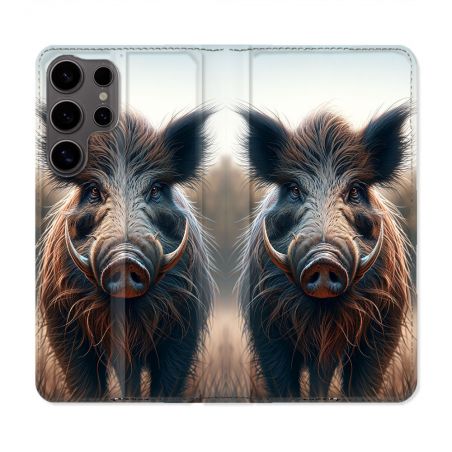 Housse Cuir Portefeuille Pour Samsung Galaxy S25 PLUS Chasse Sanglier Attaque