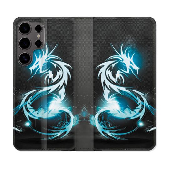 Housse Cuir Portefeuille Pour Samsung Galaxy S25 PLUS Fantastique Dragon Bleu