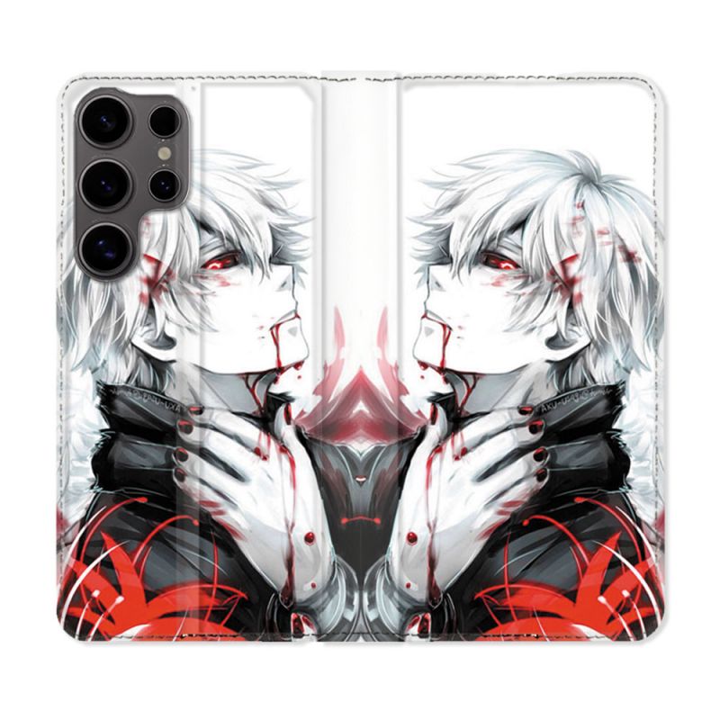 Housse Cuir Portefeuille Pour Samsung Galaxy S25 PLUS Manga Tokyo Ghoul Kaneki Blanc