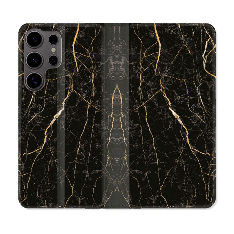 Housse Cuir Portefeuille Pour Samsung Galaxy S25 PLUS Texture Marbre Noir