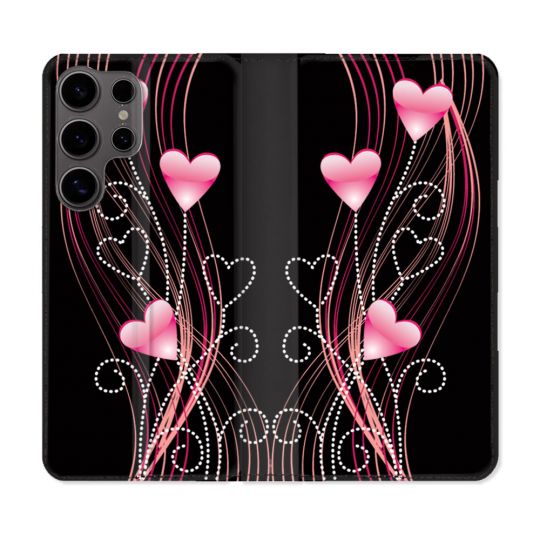 Housse Cuir Portefeuille Pour Samsung Galaxy S25 ULTRA Amour Coeur Rose Montant sur Noir