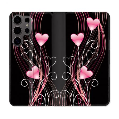 Housse Cuir Portefeuille Pour Samsung Galaxy S25 ULTRA Amour Coeur Rose Montant sur Noir