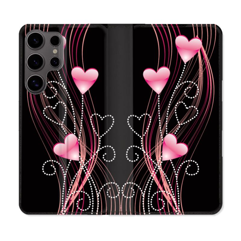 Housse Cuir Portefeuille Pour Samsung Galaxy S25 ULTRA Amour Coeur Rose Montant sur Noir