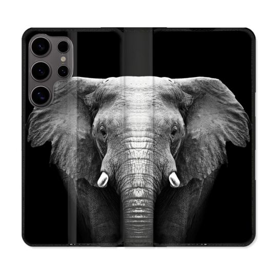 Housse Cuir Portefeuille Pour Samsung Galaxy S25 ULTRA Animal Elephant Noir
