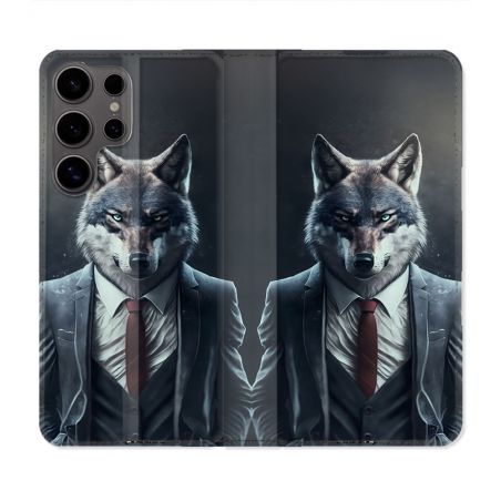 Housse Cuir Portefeuille Pour Samsung Galaxy S25 ULTRA Animal Loup Business