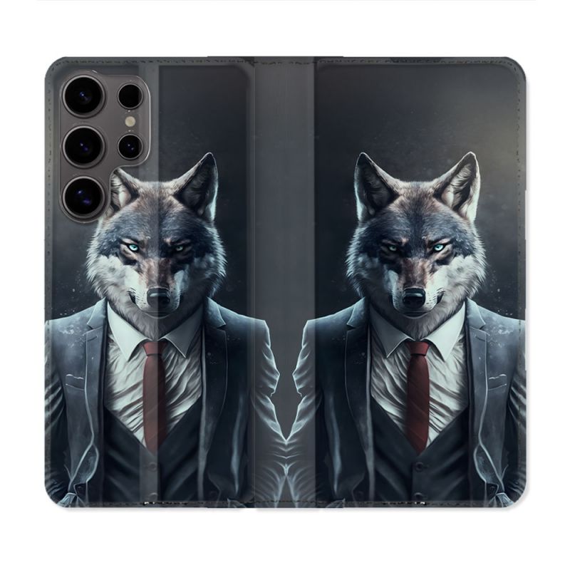 Housse Cuir Portefeuille Pour Samsung Galaxy S25 ULTRA Animal Loup Business