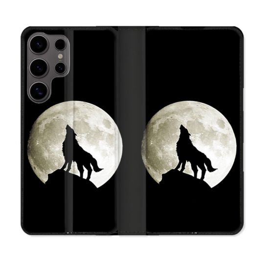 Housse Cuir Portefeuille Pour Samsung Galaxy S25 ULTRA Animal Loup Noir