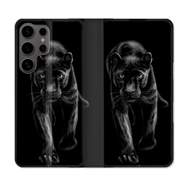 Housse Cuir Portefeuille Pour Samsung Galaxy S25 ULTRA Animal Panthère Noire