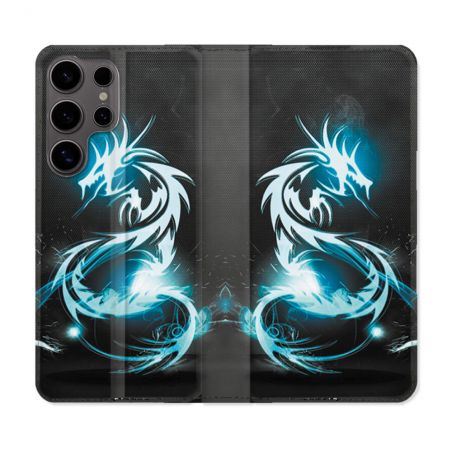 Housse Cuir Portefeuille Pour Samsung Galaxy S25 ULTRA Fantastique Dragon Bleu