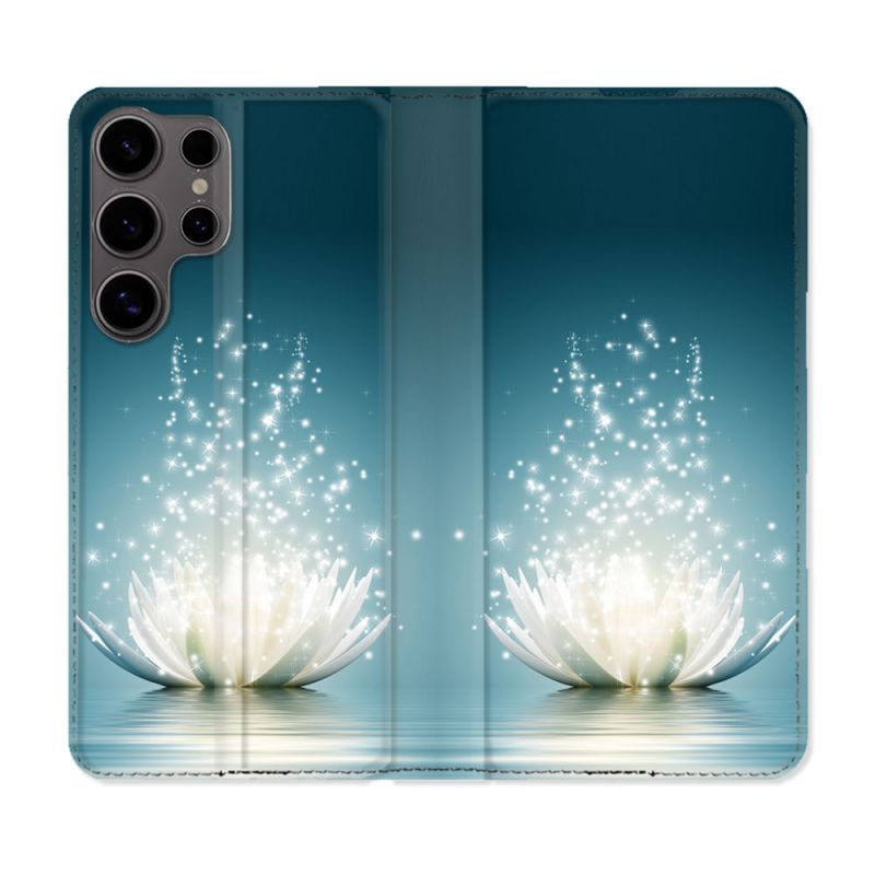 Housse Cuir Portefeuille Pour Samsung Galaxy S25 ULTRA Fleur Lotus Blanc