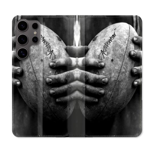 Housse Cuir Portefeuille Pour Samsung Galaxy S25 ULTRA Sport Rugby Ballon Vintage