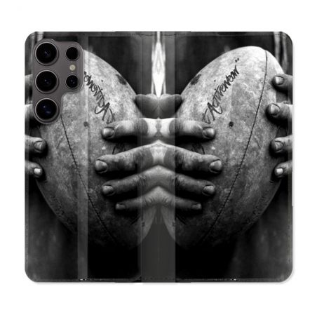 Housse Cuir Portefeuille Pour Samsung Galaxy S25 ULTRA Sport Rugby Ballon Vintage