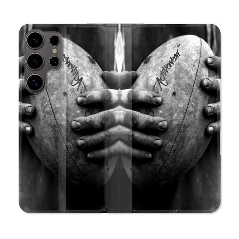 Housse Cuir Portefeuille Pour Samsung Galaxy S25 ULTRA Sport Rugby Ballon Vintage