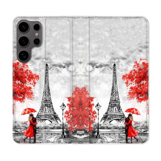 Housse Cuir Portefeuille Pour Samsung Galaxy S25 ULTRA Voyage France Paris Rouge